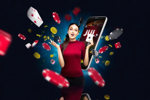 A young woman relaxing with her phone while dynamic casino elements float around her, illustrating the smooth mobile experience offered by the BET3999 app.